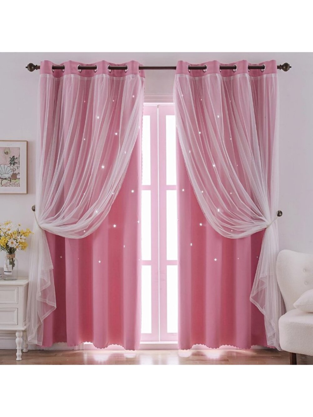 Pink Star Cutout Kids Blackout Curtains for Girls' Bedroom - Room Darkening